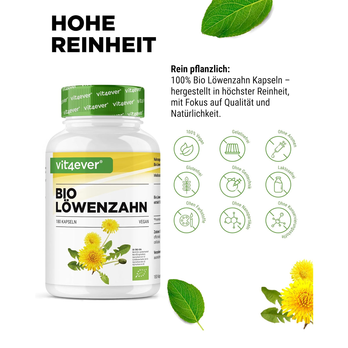 Vit4ever Bio Löwenzahnwurzel-Extrakt 10:1 240 Kapseln – Nährwerte und Zutaten auf der Verpackung