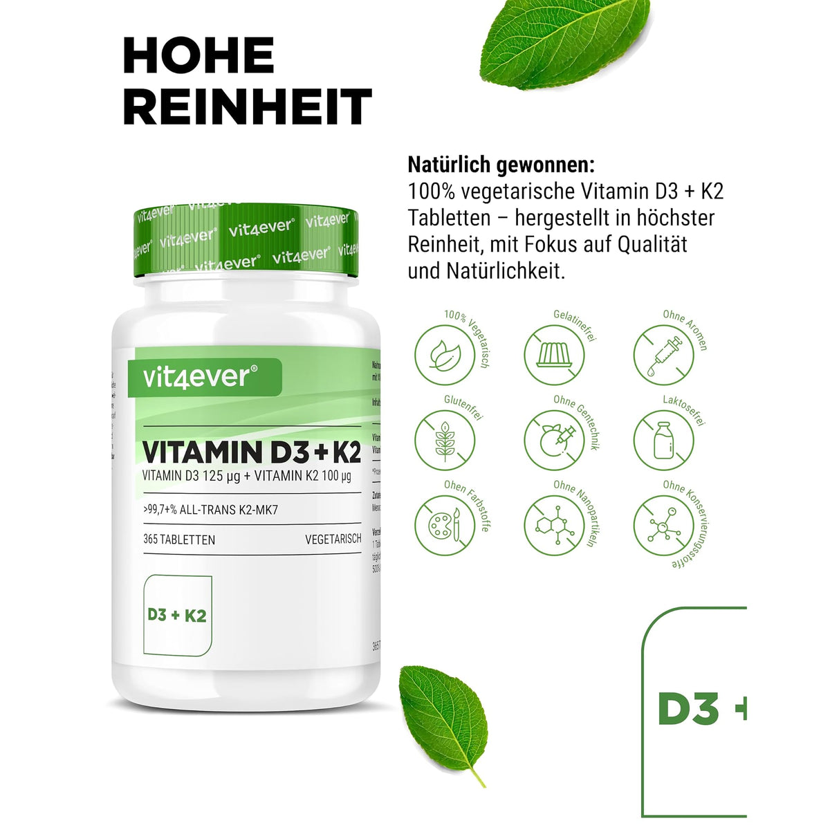 Vit4ever Vitamin D3 5000 IE + K2 100 µg 100-365 Tabletten – Produkt aus der Nähe