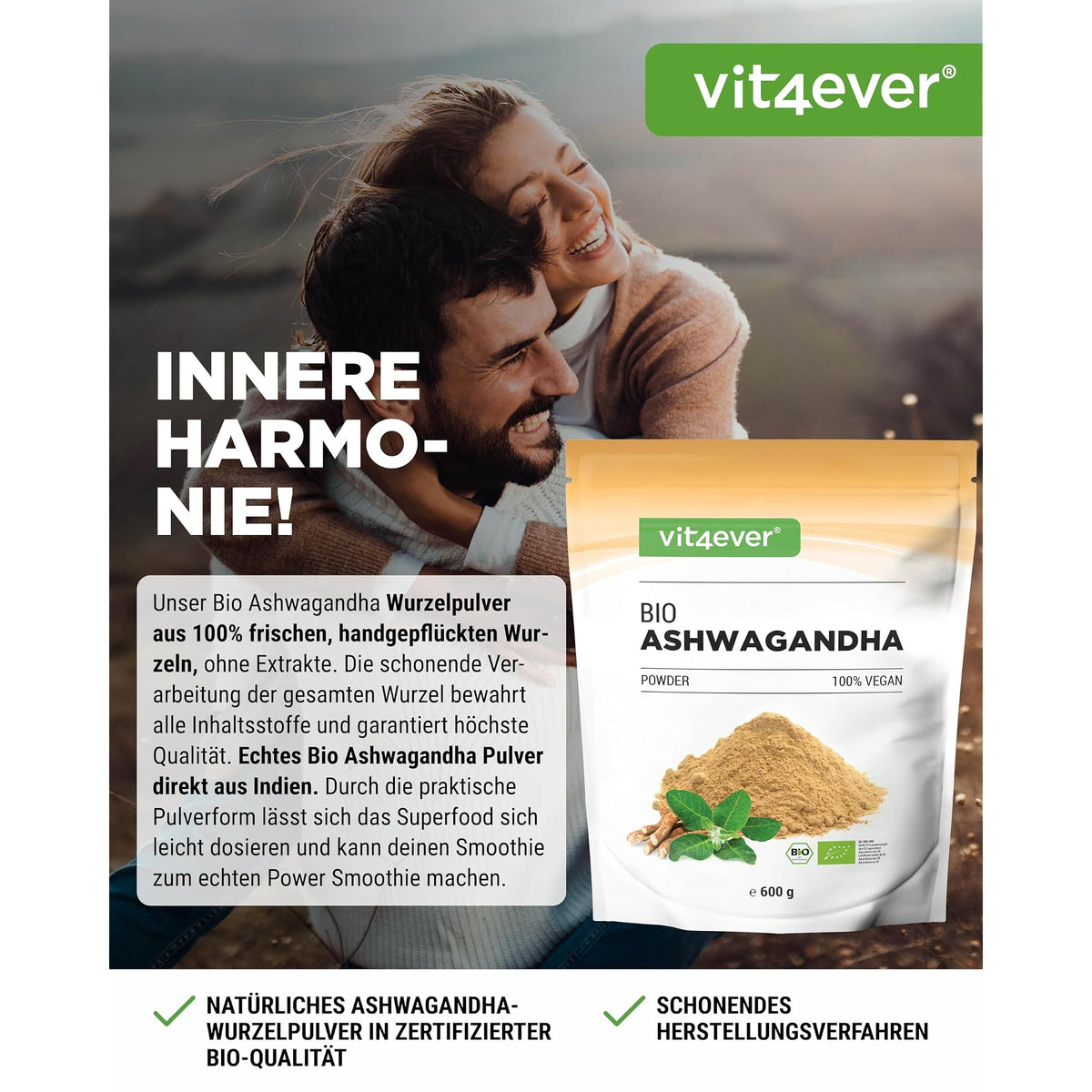 Vit4ever Ashwagandha Pulver Bio 600g – Etikett mit Inhaltsstoffen und Dosierung