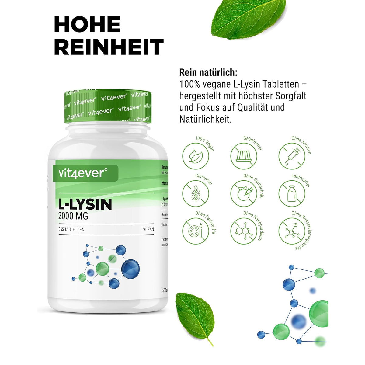 Vit4ever L-Lysin 1000mg Tabletten 160 & 365 Tabletten – Nährwerte und Zutaten auf der Verpackung