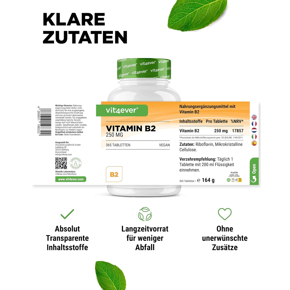 Vit4ever Vitamin B2 (Riboflavin) 250 mg 365 Tabletten – empfohlene Anwendung und Einnahme