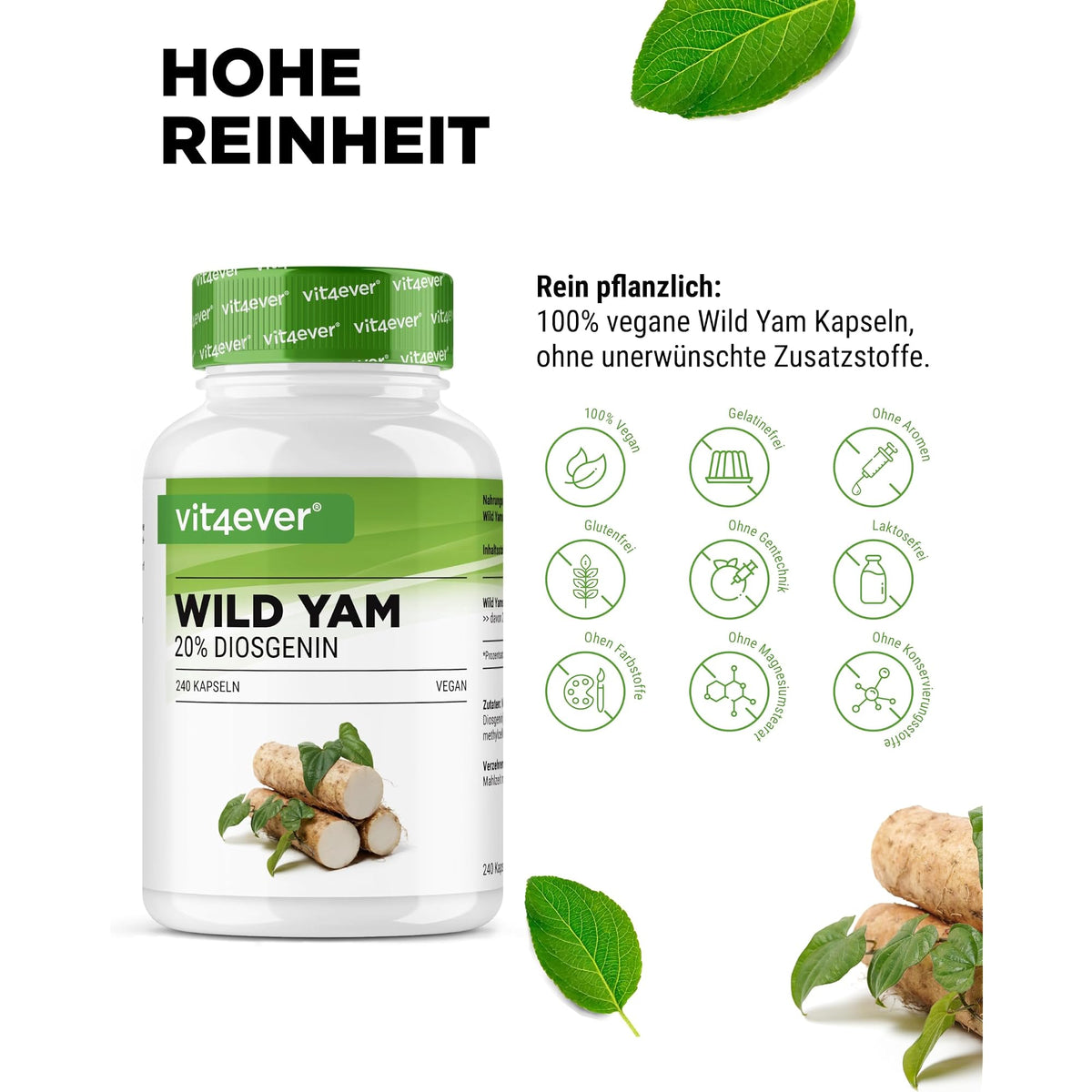 Vit4ever Mexikanischer Wild Yam Wurzelextrakt 20% Diosgenin 240 Kapseln – Nährwerte und Zutaten auf der Verpackung