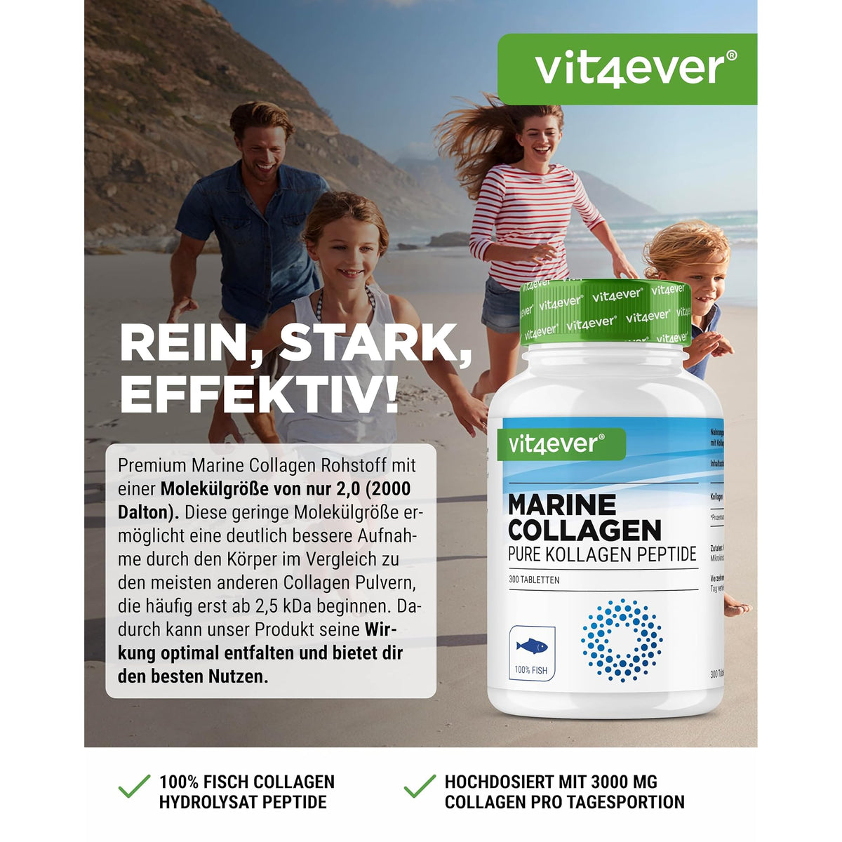 Vit4ever Marine Kollagen 3000mg (Fisch-Kollagen) 300 Tabletten – Etikett mit Inhaltsstoffen und Dosierung