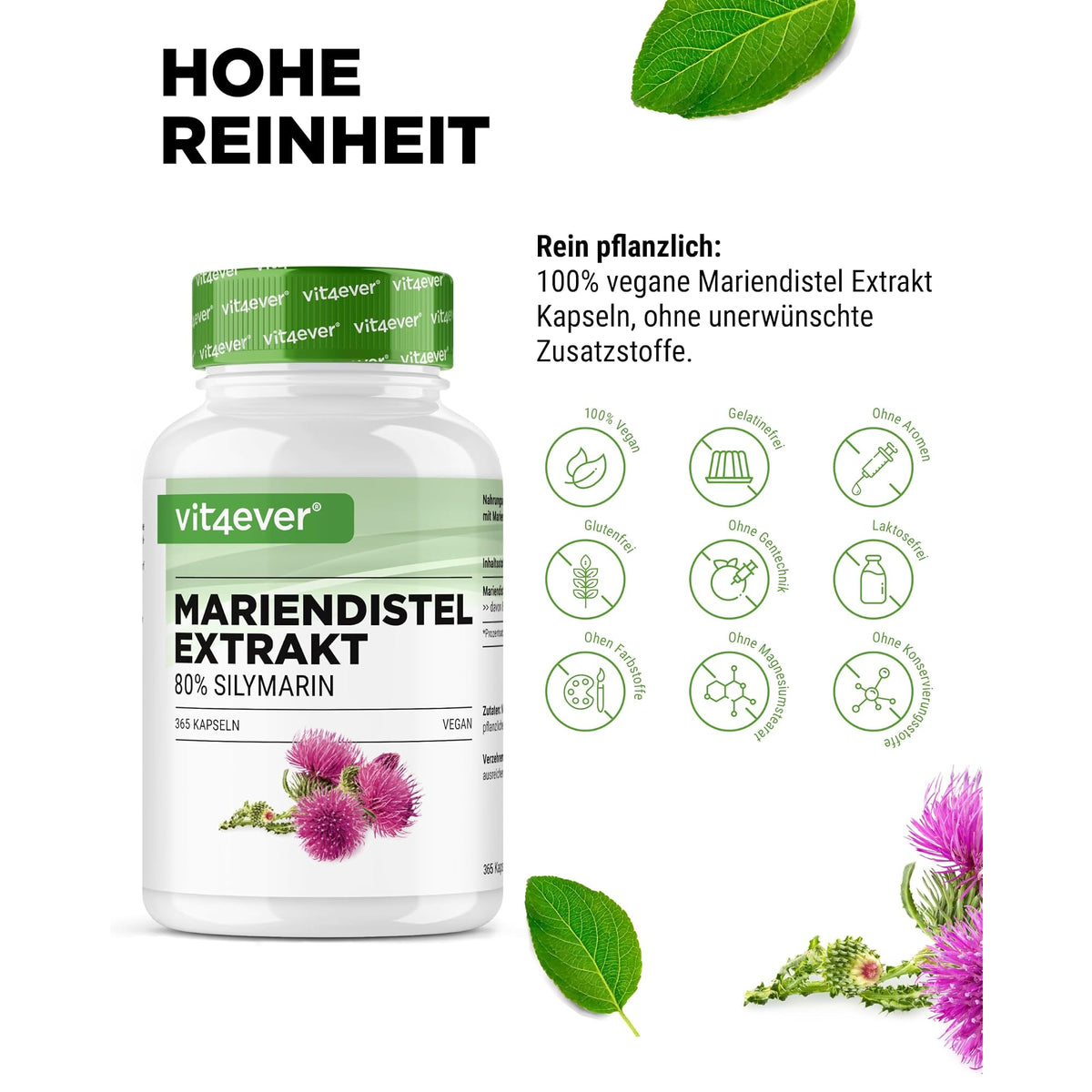 Vit4ever Mariendistelextrakt (80% Silymarin) 500mg 180 & 365 Kapseln – Nährwerte und Zutaten auf der Verpackung