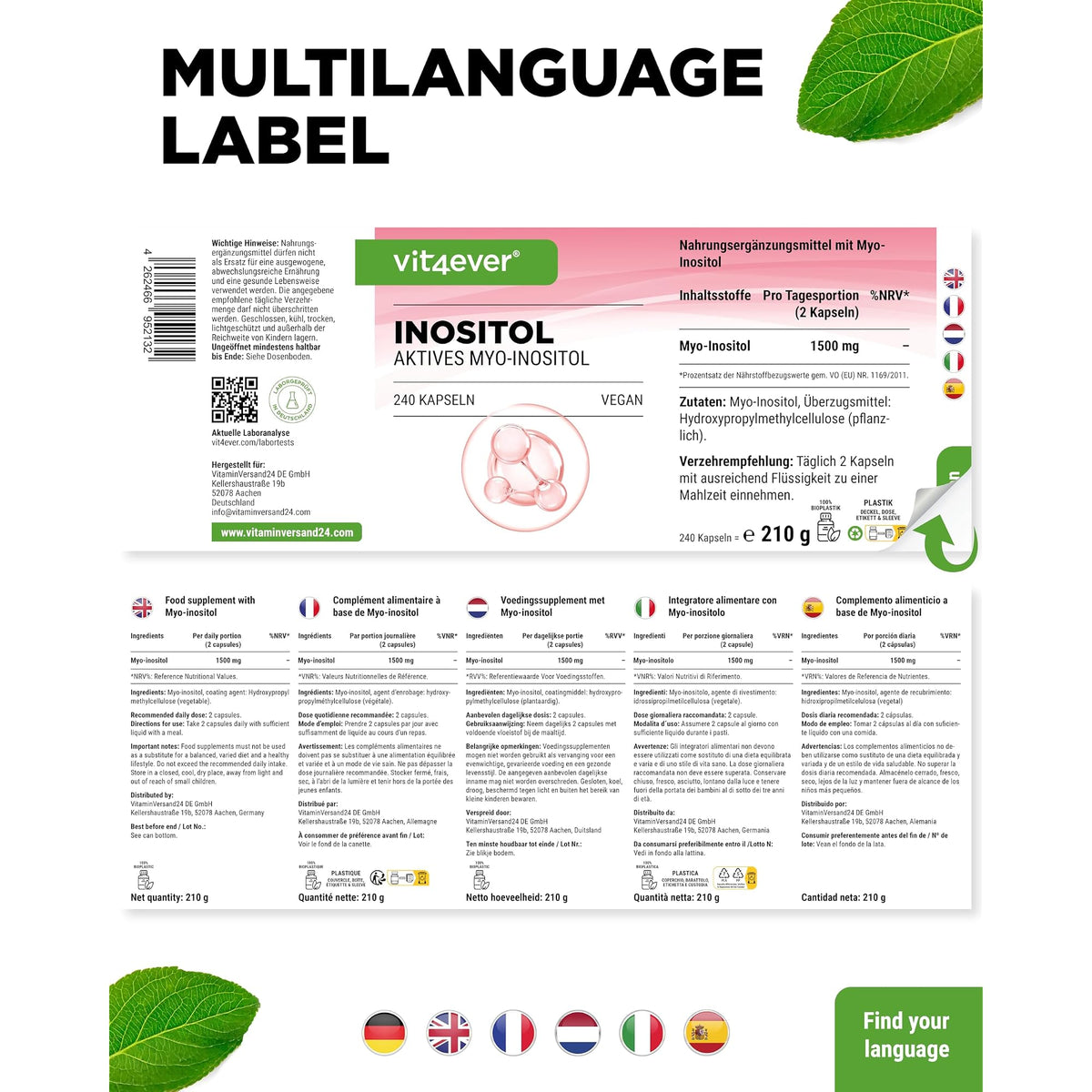 Vit4ever Myo-Inositol 750mg 240 Kapseln – Verpackung Rückseite