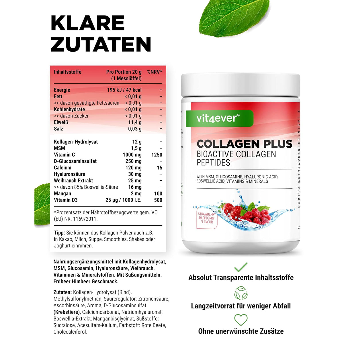 Vit4ever Collagen Plus Erdbeer-Himbeer 500 g – Verpackung Rückseite