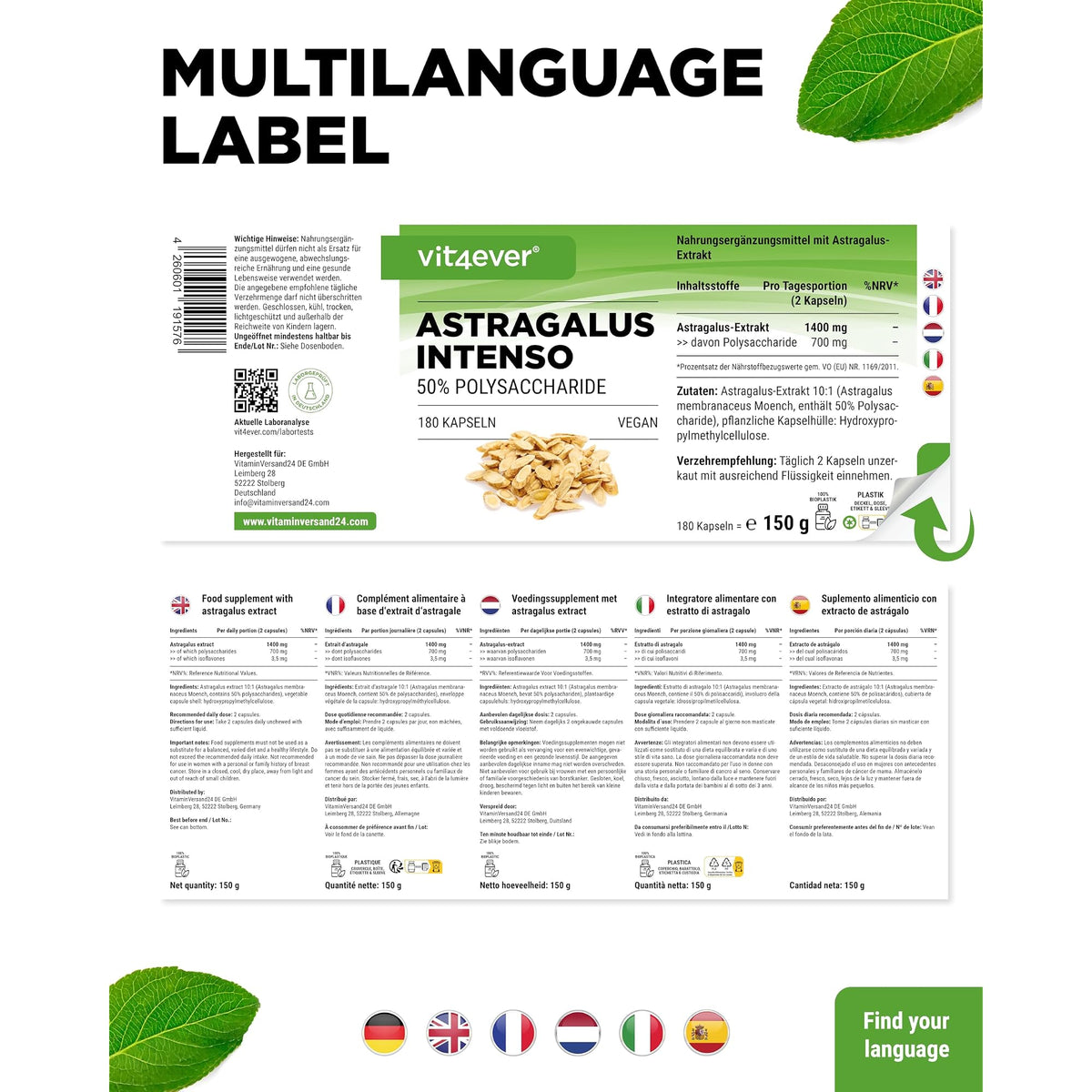 Vit4ever Astragalus-Extrakt 50% Polysaccharide 180 Kapseln – Verpackung Rückseite