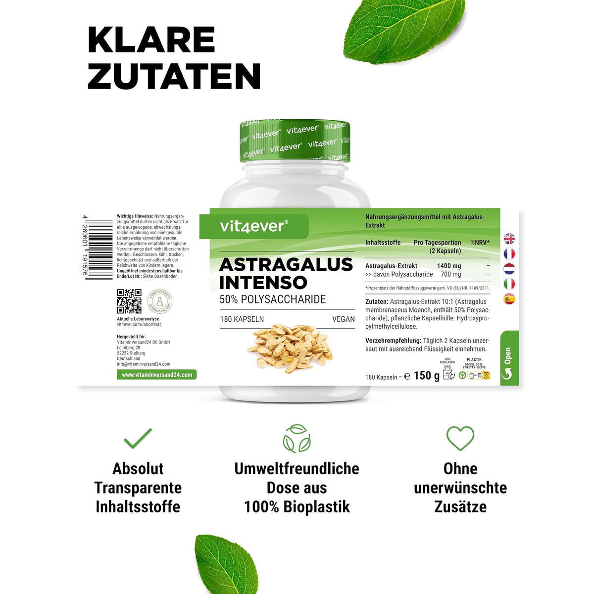 Vit4ever Astragalus-Extrakt 50% Polysaccharide 180 Kapseln – empfohlene Anwendung und Einnahme