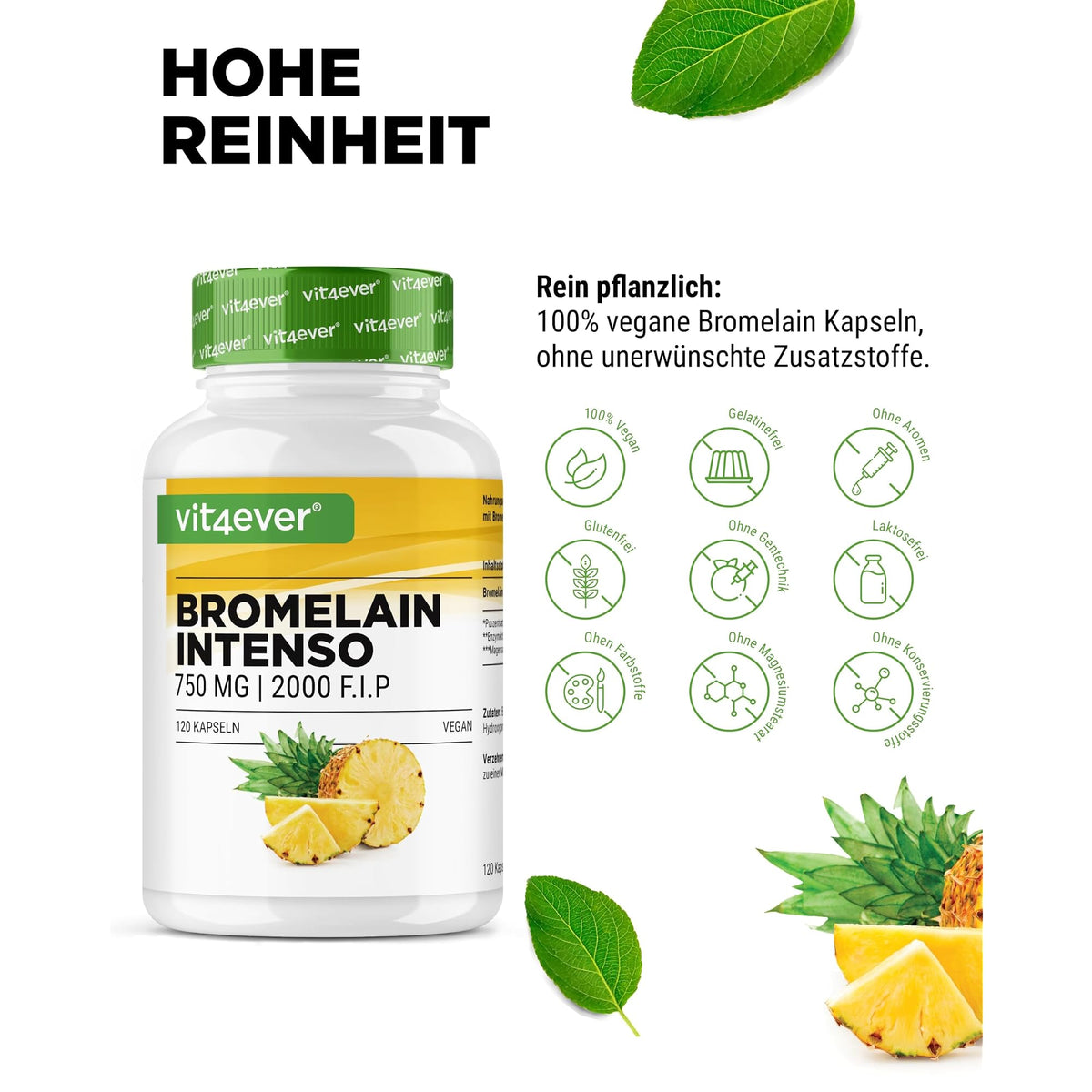 Vit4ever Bromelain 750 mg 2000 F.I.P. 120 Kapseln – Nährwerte und Zutaten auf der Verpackung