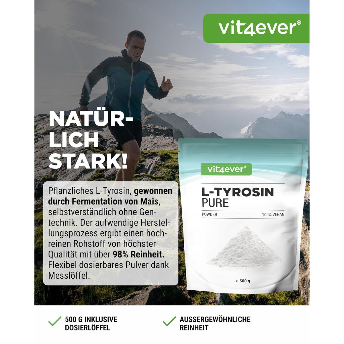 Vit4ever L-Tyrosin Pulver 500 Gramm – Etikett mit Inhaltsstoffen und Dosierung