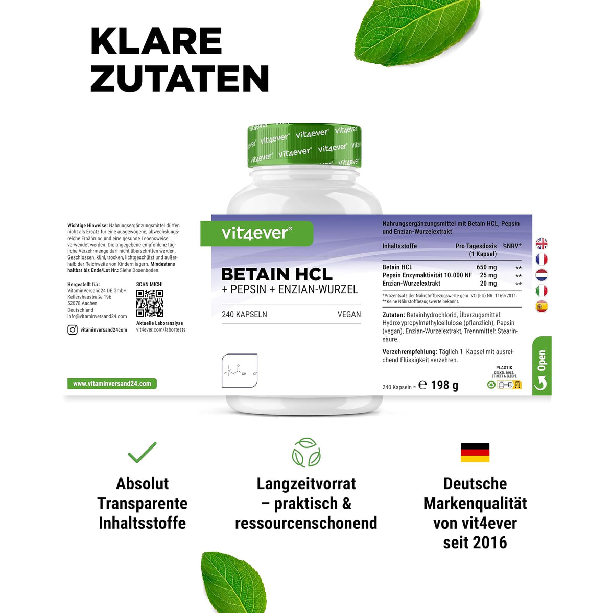 Vit4ever Betain HCL 650mg mit Pepsin & Bitterem Enzian 240 Kapseln – empfohlene Anwendung und Einnahme