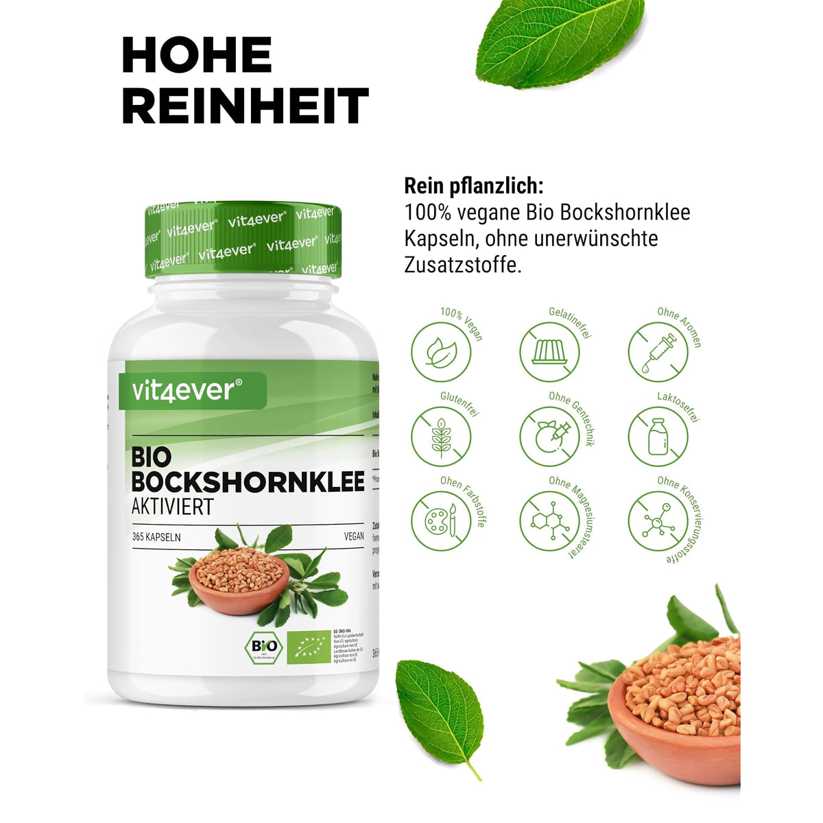 Vit4ever Bio Bockshornklee 2600 mg 365 Kapseln – Nährwerte und Zutaten auf der Verpackung