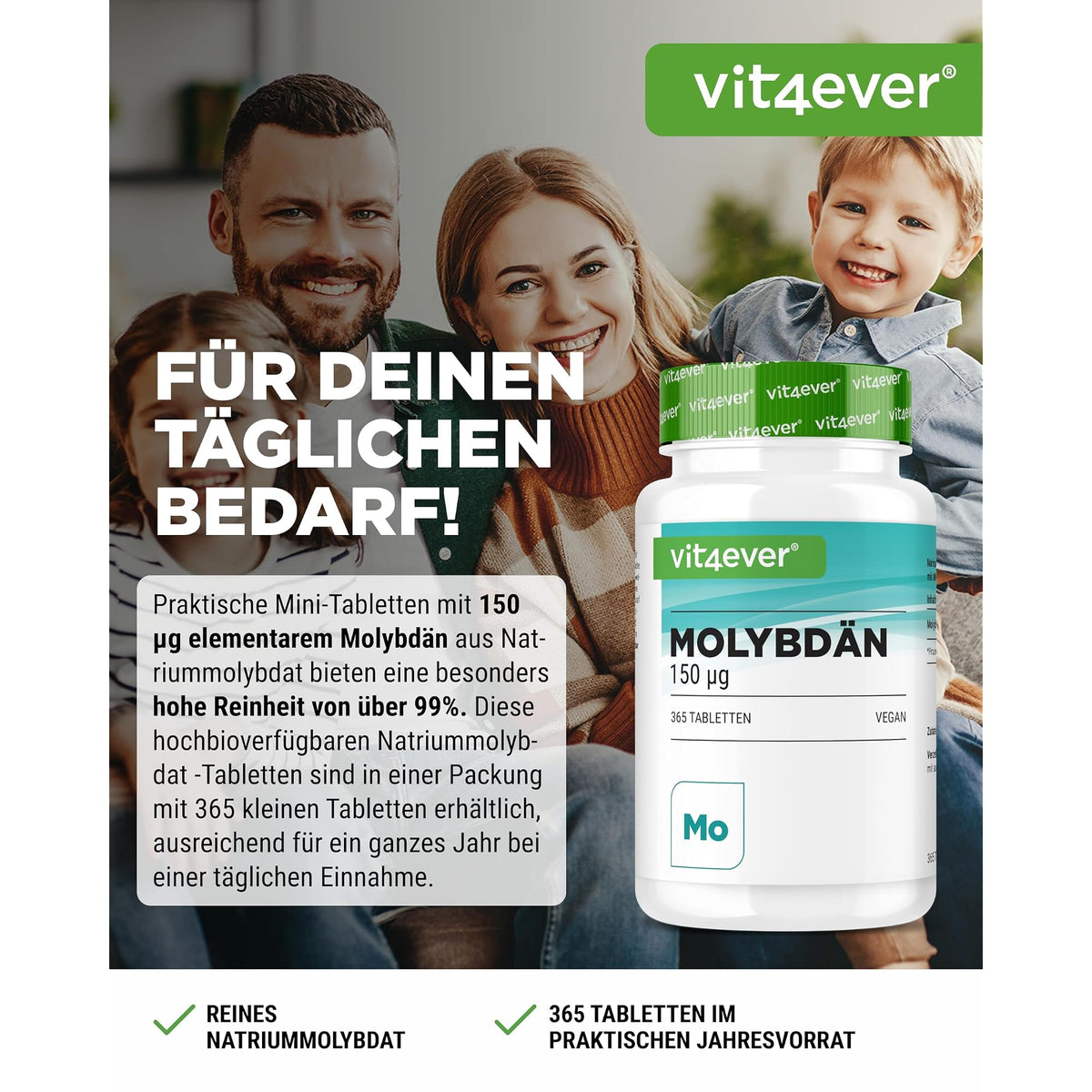 Vit4ever Molybdän 150 µg 365 Tabletten – Etikett mit Inhaltsstoffen und Dosierung