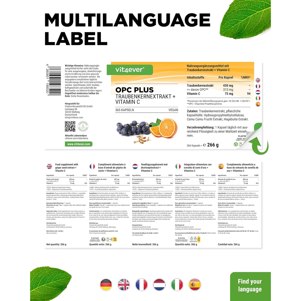Vit4ever OPC Traubenkernextrakt + Vitamin C 240 & 365 Kapseln – Verpackung Rückseite