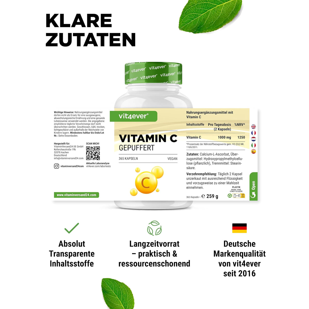 Vit4ever Gepufferte Vitamin C 1000 mg 365 Kapseln – empfohlene Anwendung und Einnahme