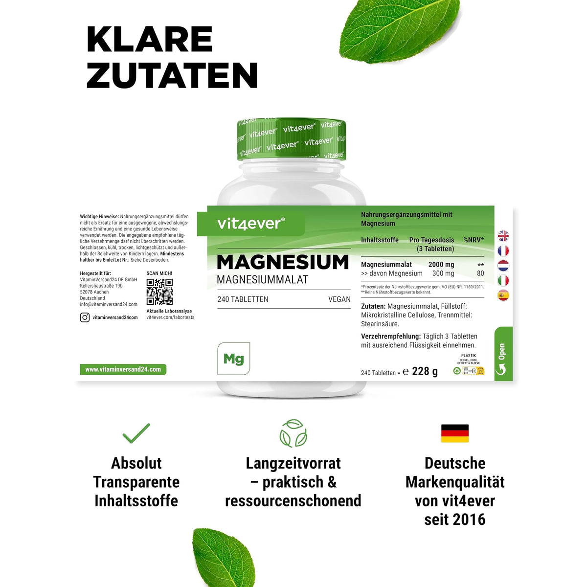 Vit4ever Magnesiummalat 240 Tabletten – empfohlene Anwendung und Einnahme