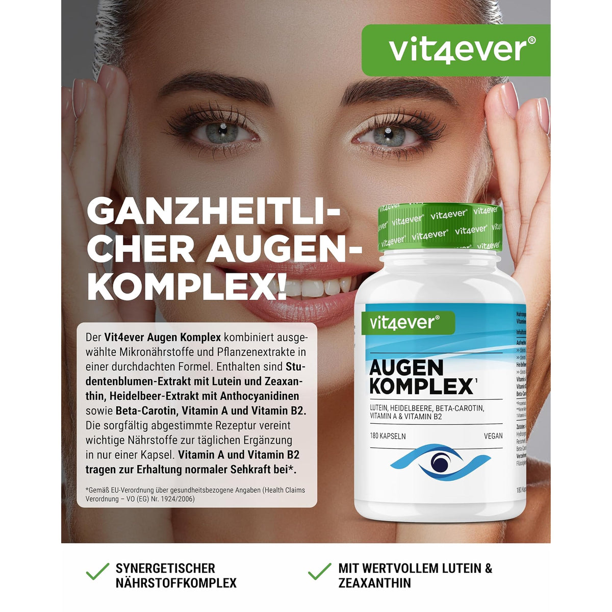Vit4ever Augen Complex mit Lutein, Vitamin A & B2 180 Kapseln – Etikett mit Inhaltsstoffen und Dosierung