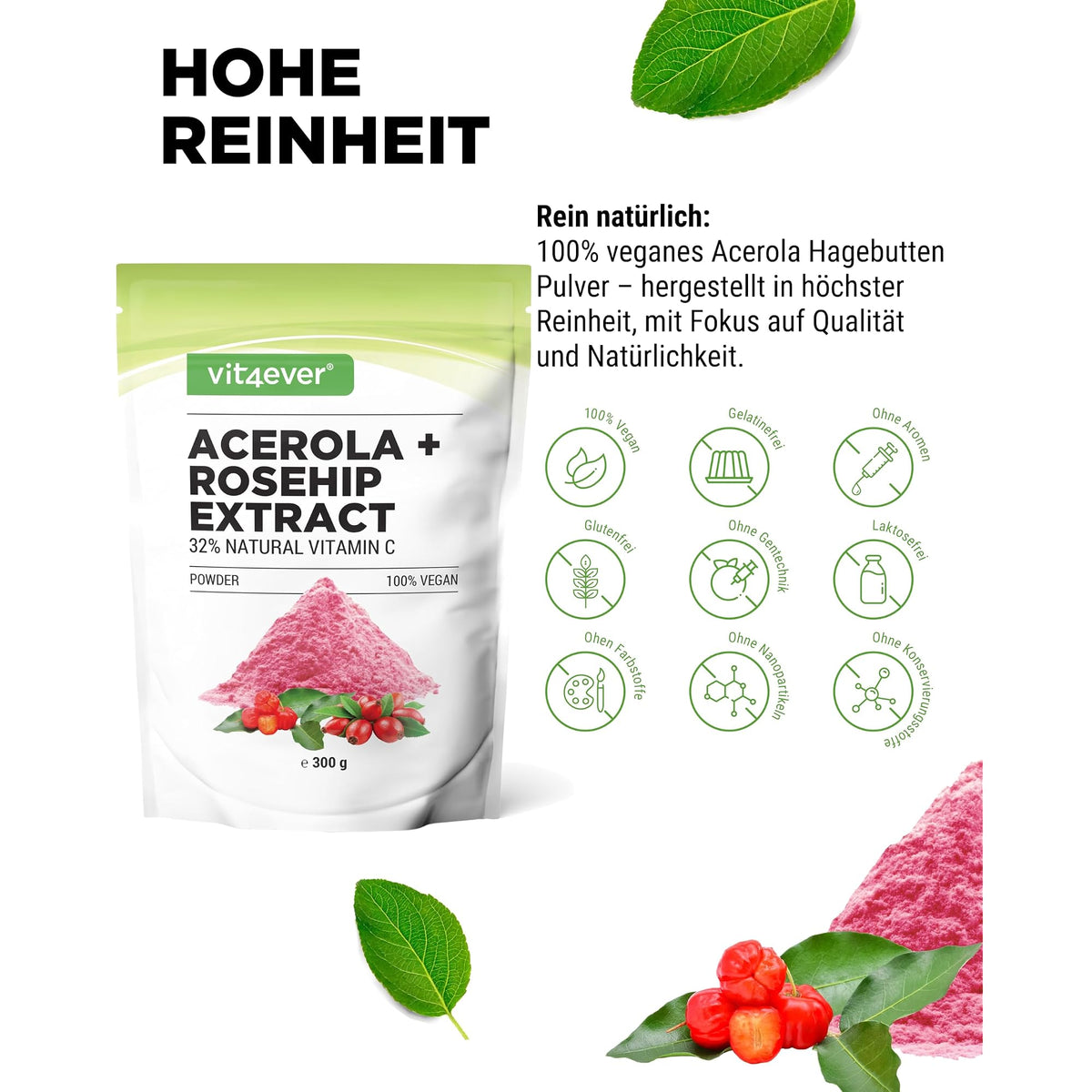 Vit4ever Acerola-Pulver natürliches Vitamin C 300 g – Nährwerte und Zutaten auf der Verpackung