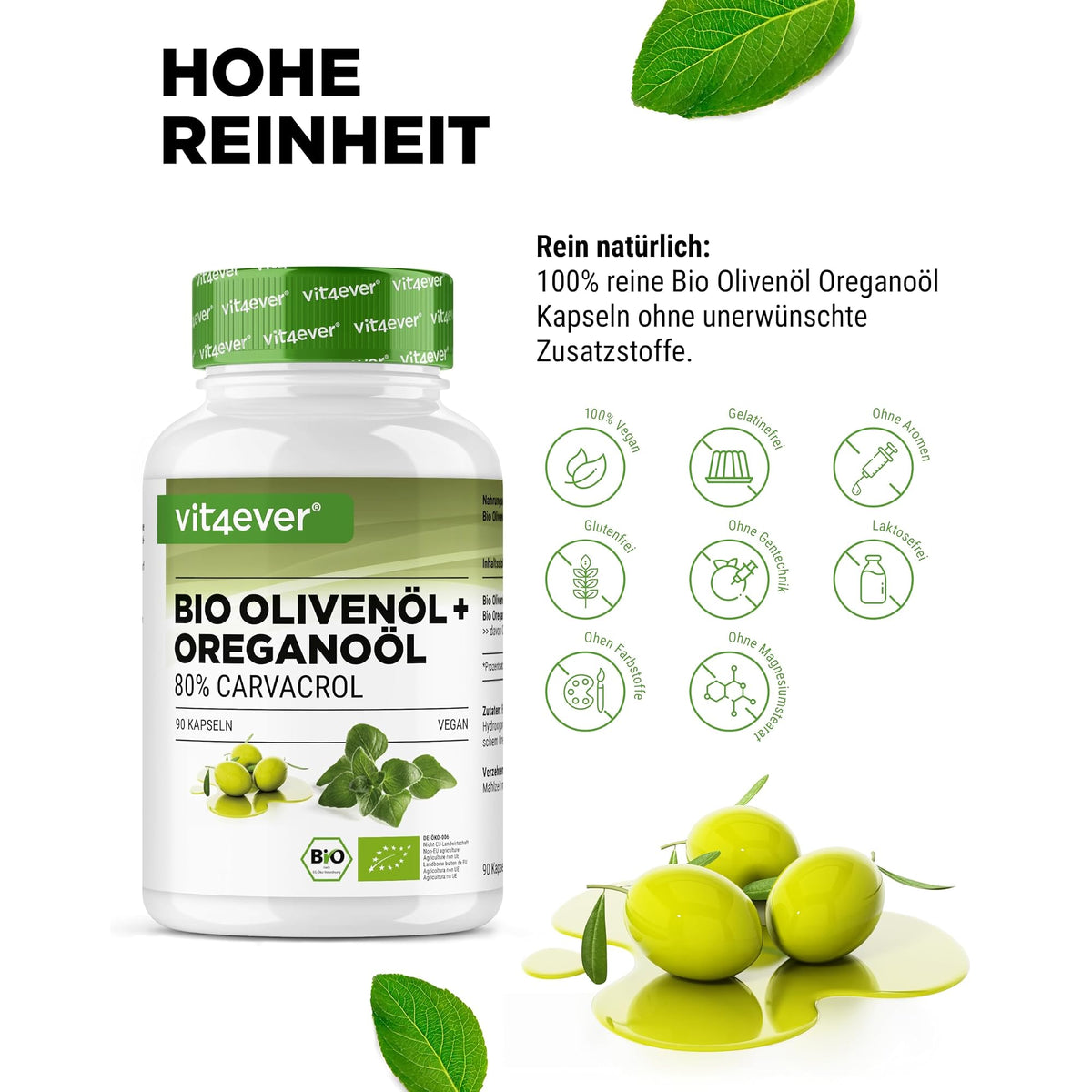 Vit4ever Bio Oregano-Öl 80% Carvacrol 90 Kapseln – Nährwerte und Zutaten auf der Verpackung