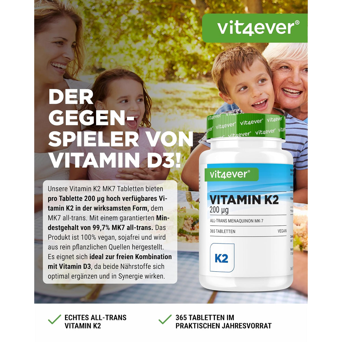 Vit4ever Vitamin K2 MK-7 200 mcg 365 Tabletten – Etikett mit Inhaltsstoffen und Dosierung