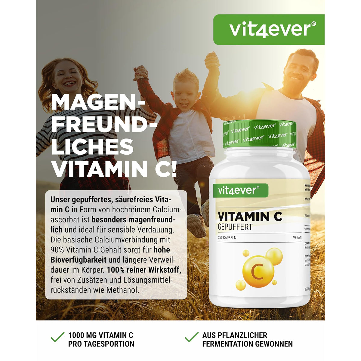 Vit4ever Gepufferte Vitamin C 1000 mg 365 Kapseln – Etikett mit Inhaltsstoffen und Dosierung