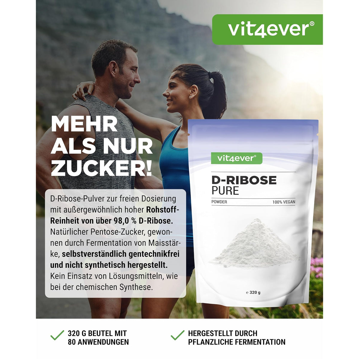 Vit4ever D-Ribose Pulver 320 g – Etikett mit Inhaltsstoffen und Dosierung