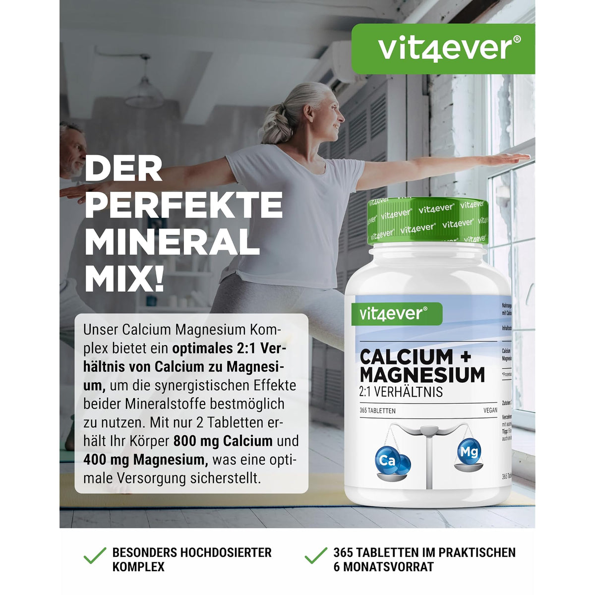 Vit4ever Calcium + Magnesium 2:1 180 & 365 Tabletten – Etikett mit Inhaltsstoffen und Dosierung