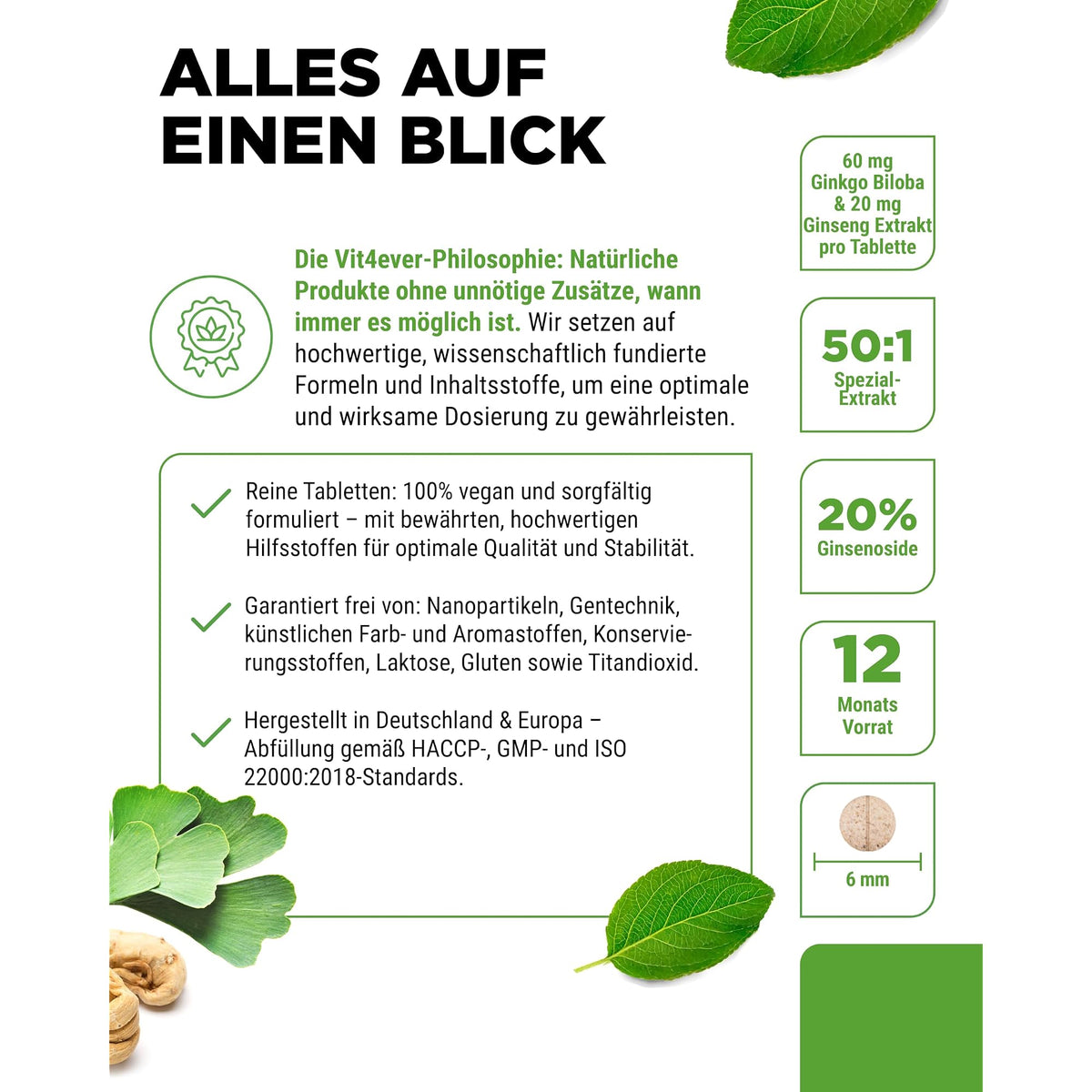Vit4ever Ginkgo + Ginseng 50:1 Extrakt 365 Tabletten – Produkt aus der Nähe