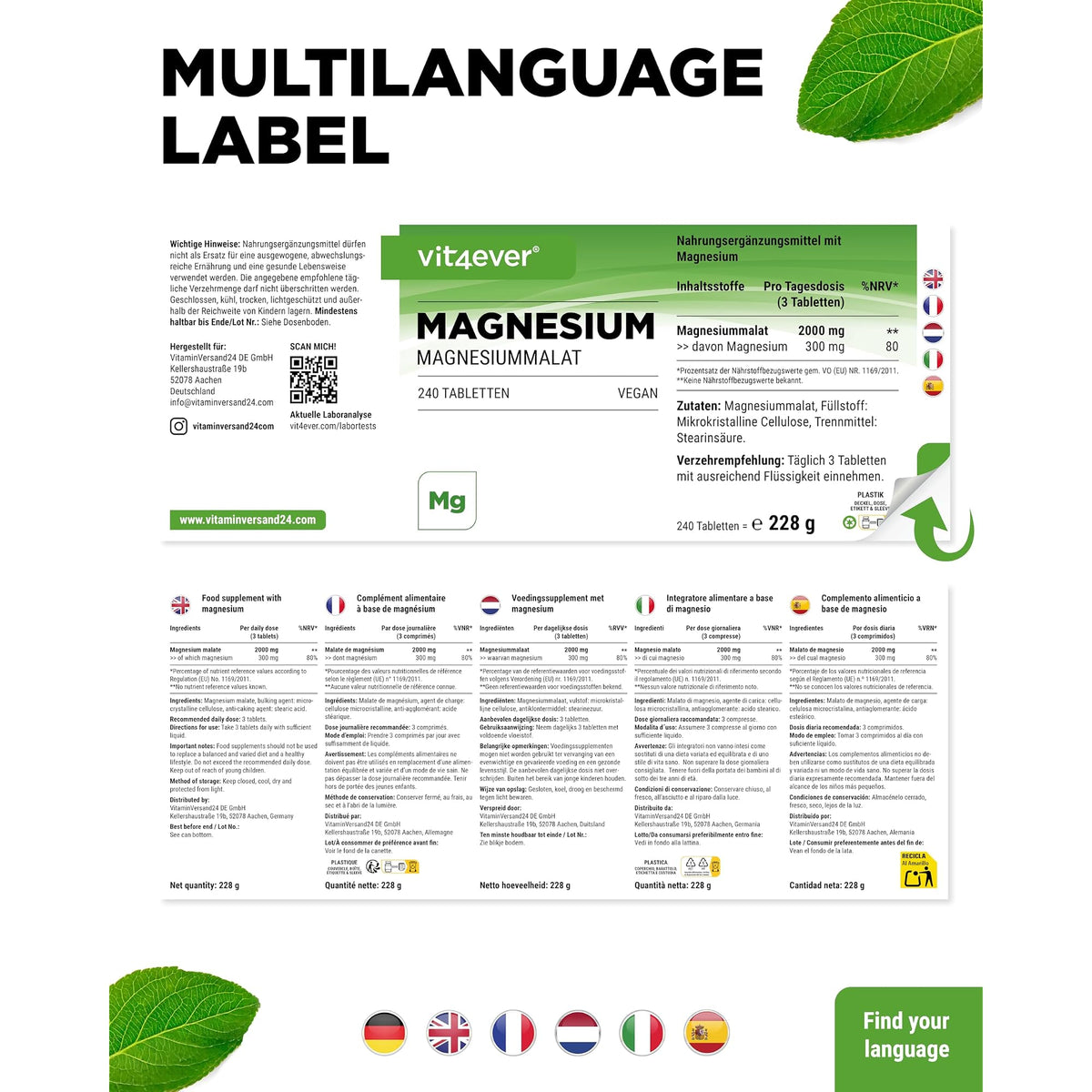 Vit4ever Magnesiummalat 240 Tabletten – Verpackung Rückseite