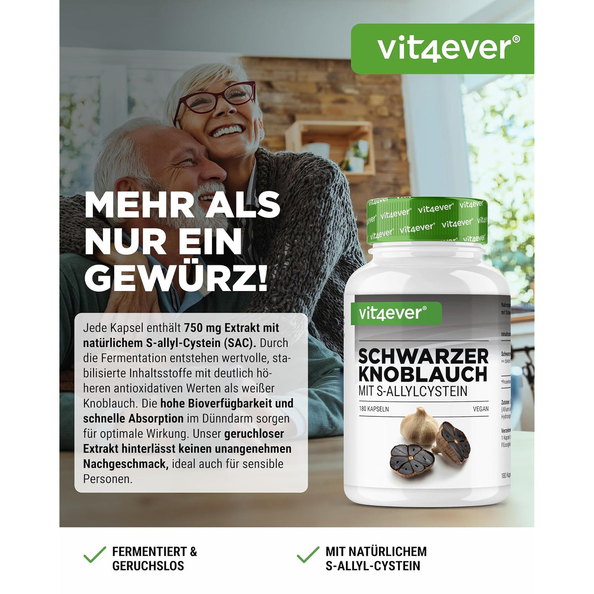 Vit4ever Schwarzer Knoblauch Extrakt 15:1 mit S-Allylcystein 180 Kapseln – Etikett mit Inhaltsstoffen und Dosierung