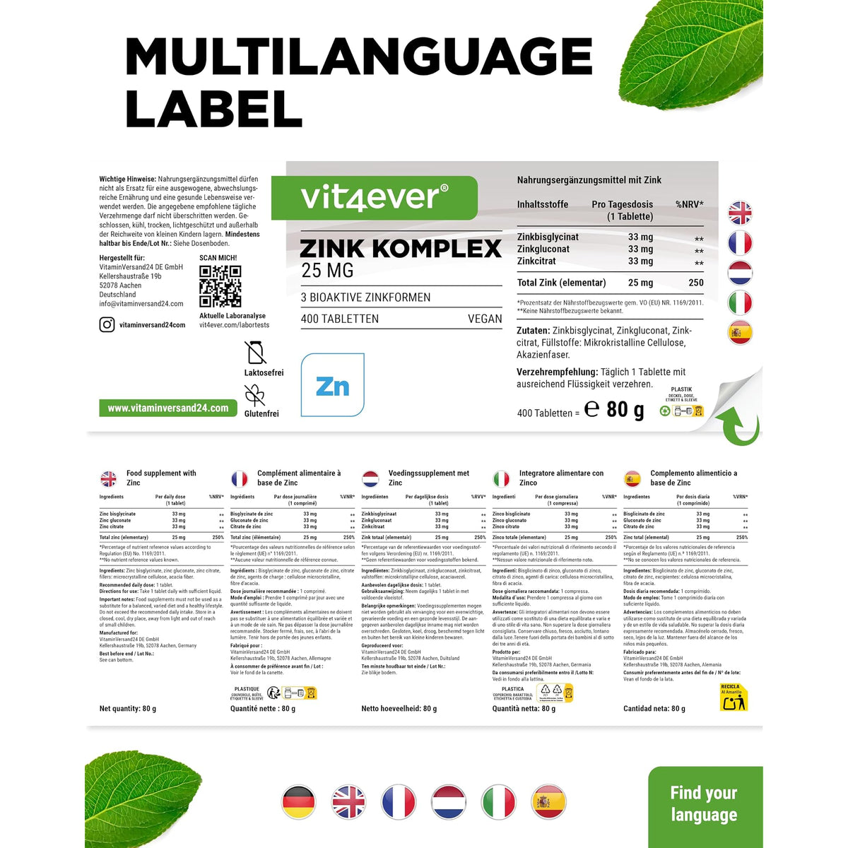 Vit4ever Zink Complex 25 mg (Zinkbisglycinat, Zinkgluconat, Zinkcitrat) 400 Tabletten – Verpackung Rückseite