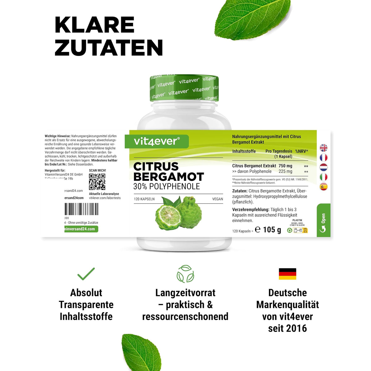 Vit4ever Citrus Bergamot 750 mg 30% Polyphenole 120 Kapseln – empfohlene Anwendung und Einnahme