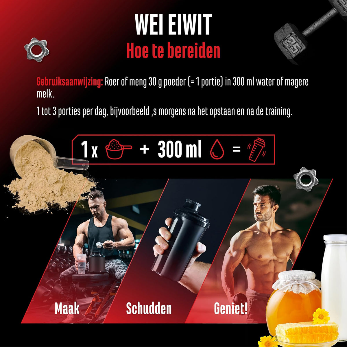 GEN Whey Protein Complex Melk met honing 1 kg - bereiden: 30 g poeder met 300 ml water of magere melk
