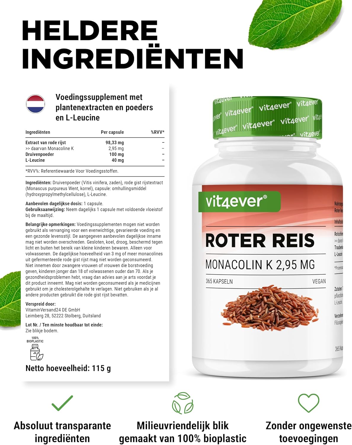 Rotschimmelreis-Extrakt | 2,95 mg Monacolin K | 365 Kapseln | Vit4ever