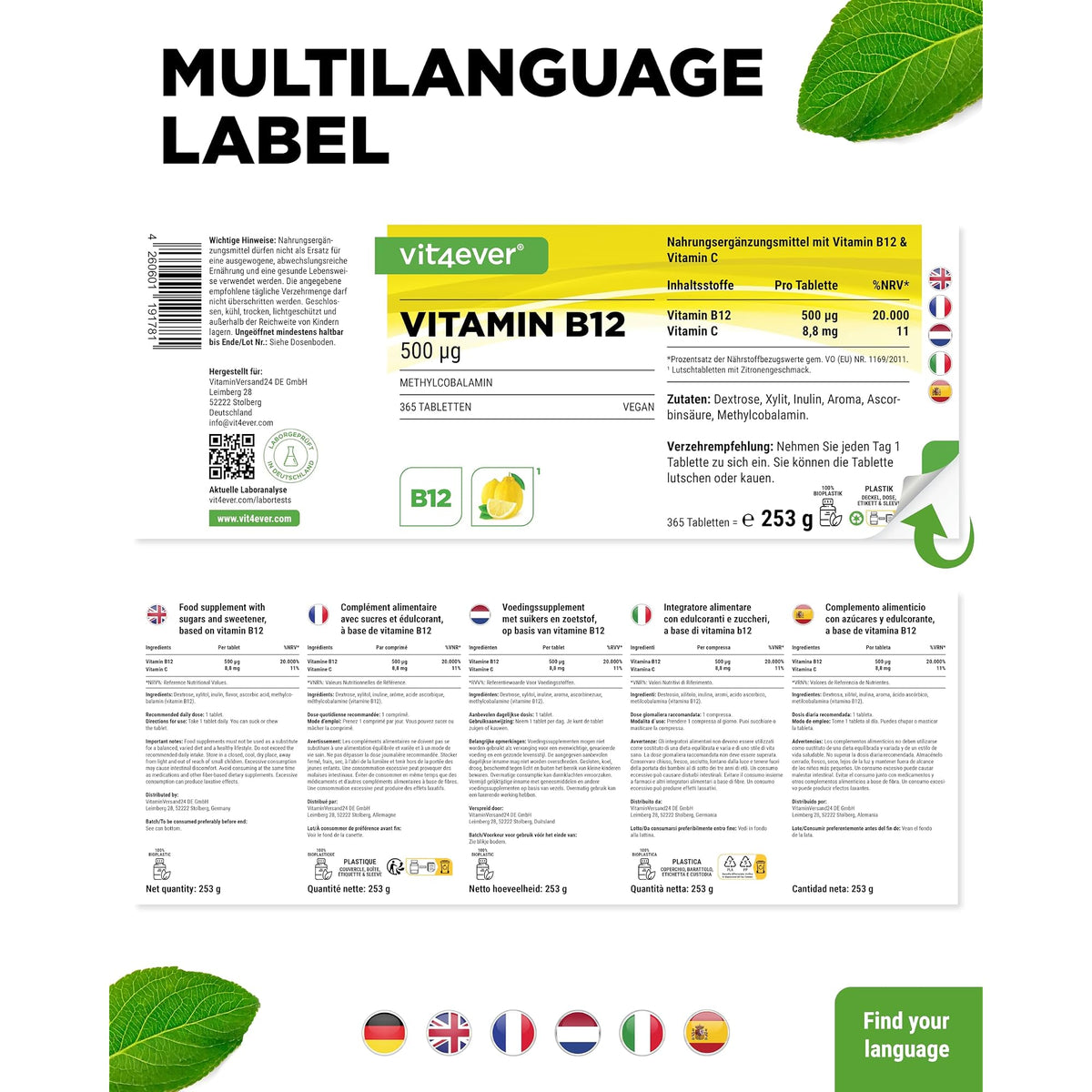 Vit4ever Vitamin B12 500 µg Zitrone (Methylcobalamin) 365 Lutschtabletten – Verpackung Rückseite