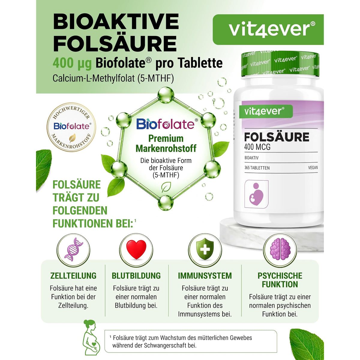 Vit4ever Folsäure 400 mcg 365 Tabletten – Nährwerte und Zutaten auf der Verpackung