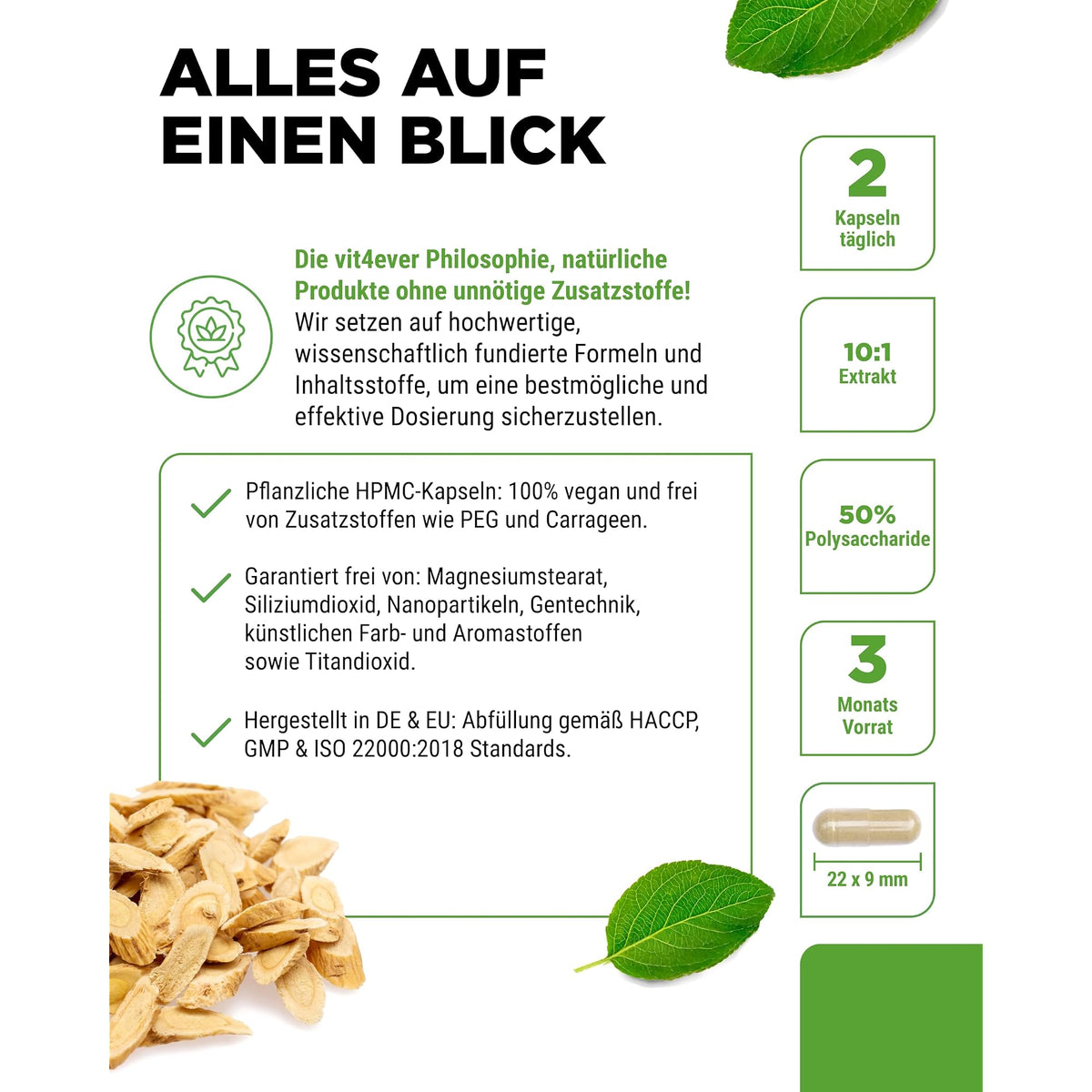 Vit4ever Astragalus-Extrakt 50% Polysaccharide 180 Kapseln – Produkt aus der Nähe