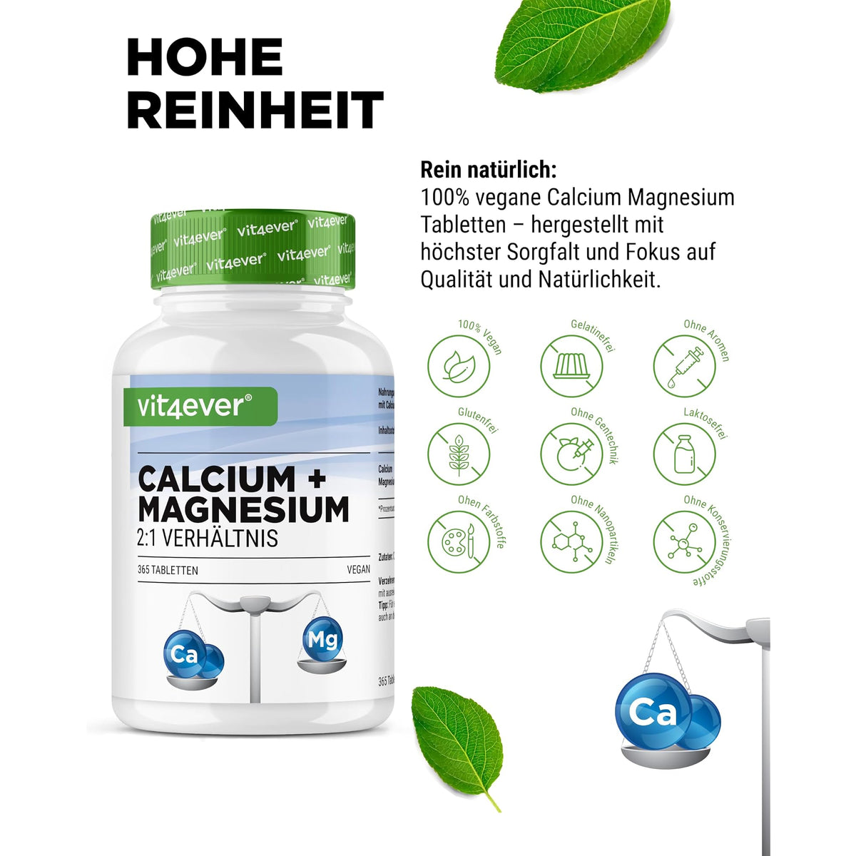 Vit4ever Calcium + Magnesium 2:1 180 & 365 Tabletten – Nährwerte und Zutaten auf der Verpackung
