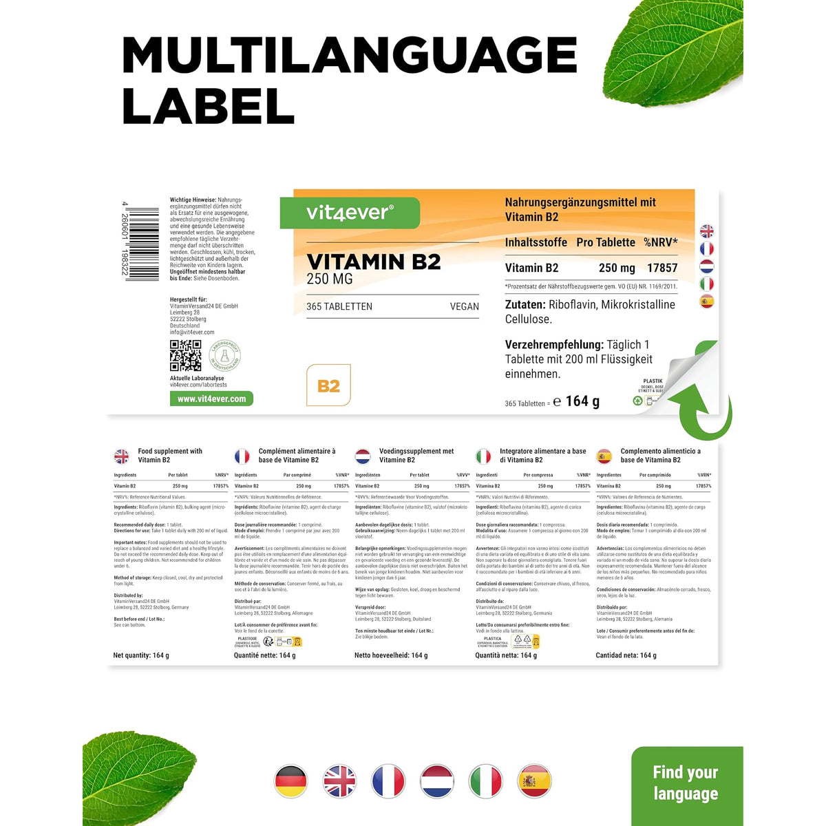 Vit4ever Vitamin B2 (Riboflavin) 250 mg 365 Tabletten – Verpackung Rückseite
