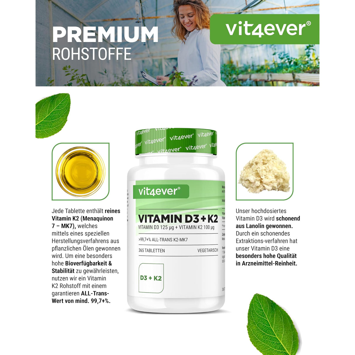 Vit4ever Vitamin D3 5000 IE + K2 100 µg 100-365 Tabletten – Nährwerte und Zutaten auf der Verpackung