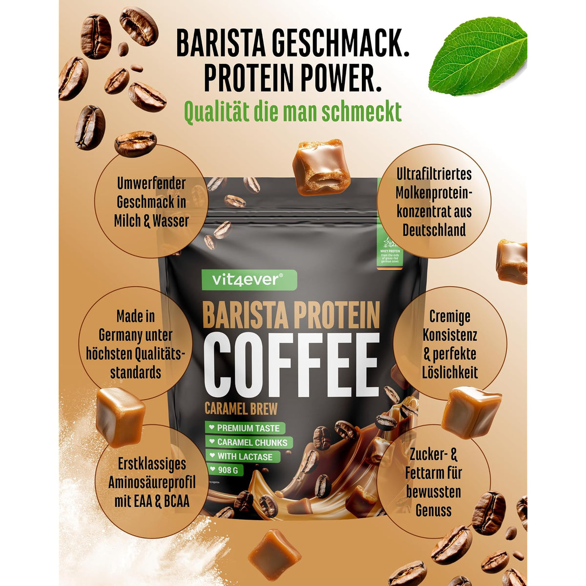 Vit4ever Barista Whey Caramel 908 g – Nährwerte und Zutaten auf der Verpackung
