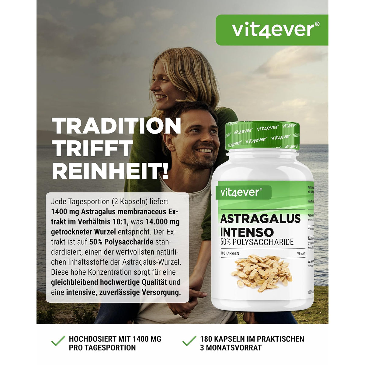 Vit4ever Astragalus-Extrakt 50% Polysaccharide 180 Kapseln – Etikett mit Inhaltsstoffen und Dosierung