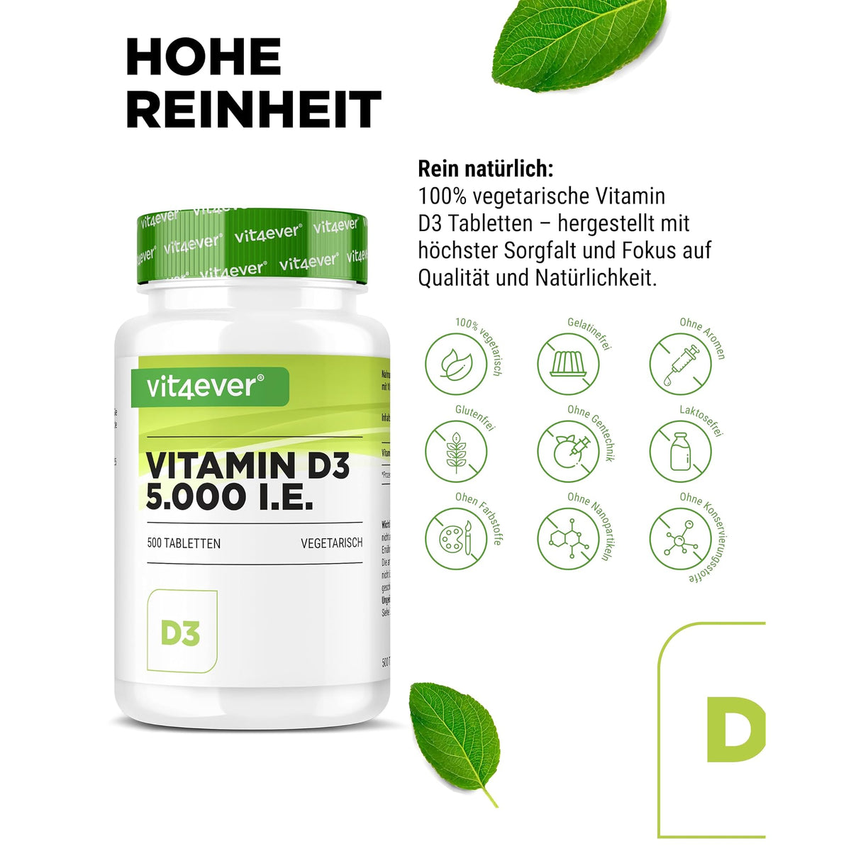 Vit4ever Vitamin D3 5000 IE Depot 500 Tabletten – Nährwerte und Zutaten auf der Verpackung