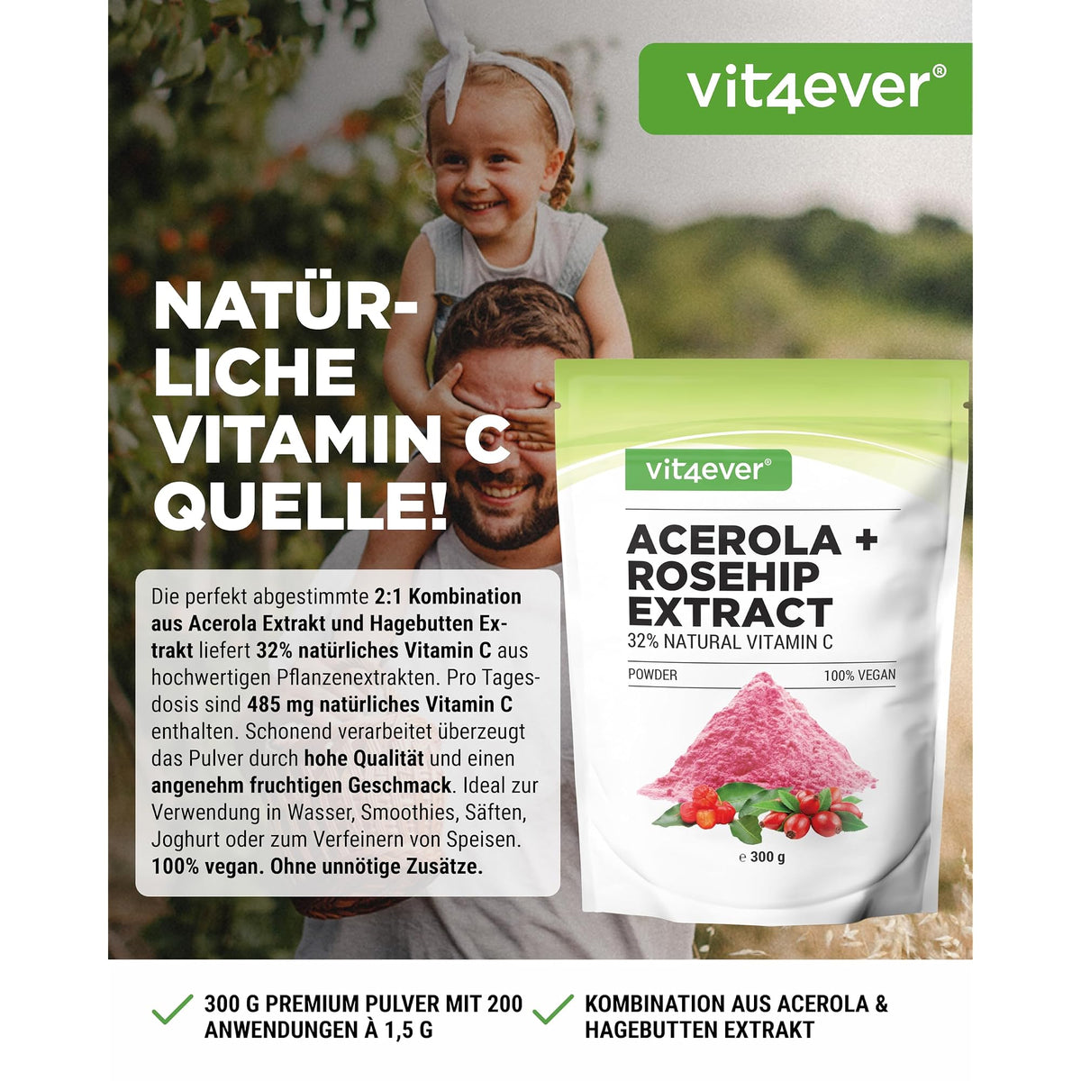 Vit4ever Acerola-Pulver natürliches Vitamin C 300 g – Etikett mit Inhaltsstoffen und Dosierung