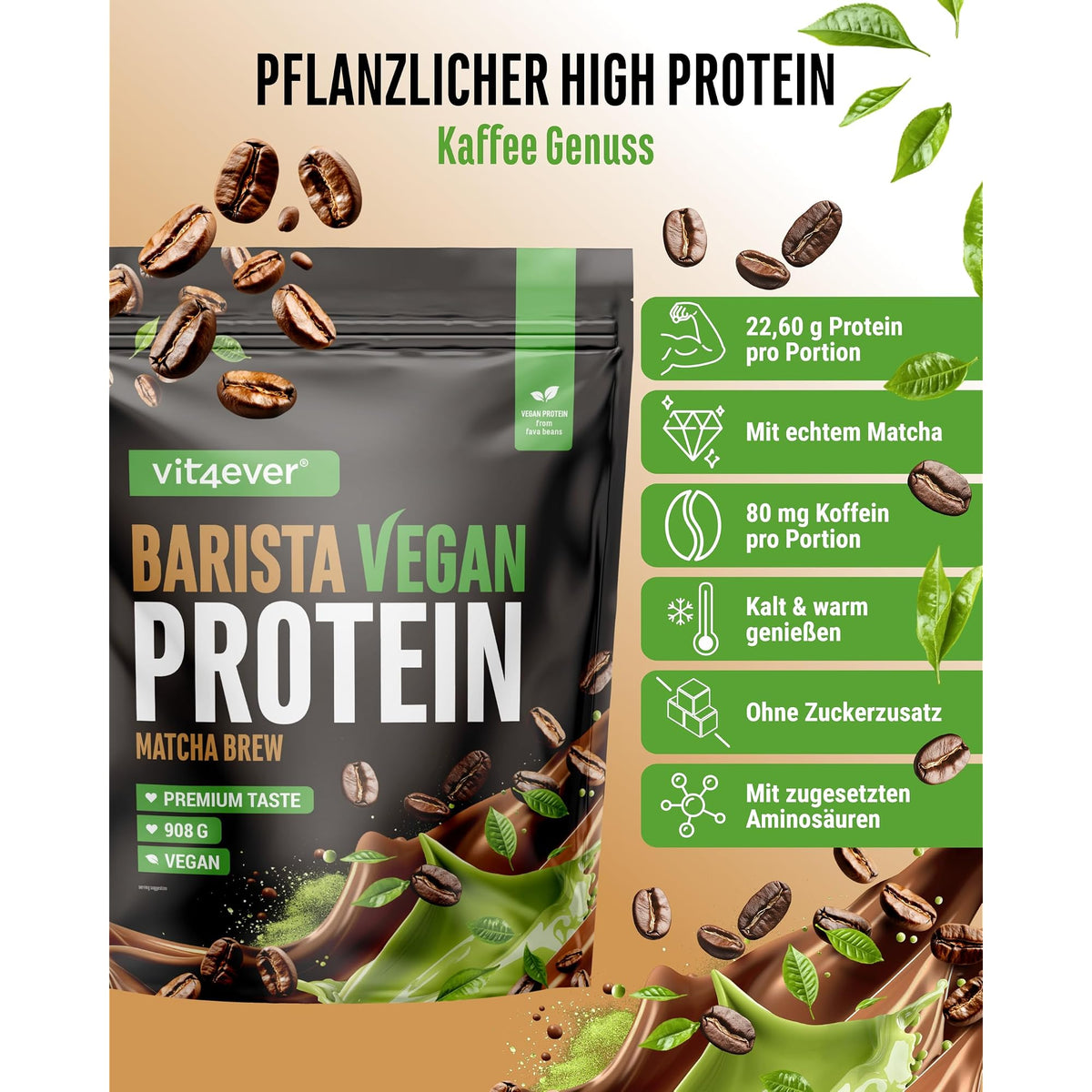 Vit4ever Vegan Barista Whey Matcha 908 g – Nährwerte und Zutaten auf der Verpackung