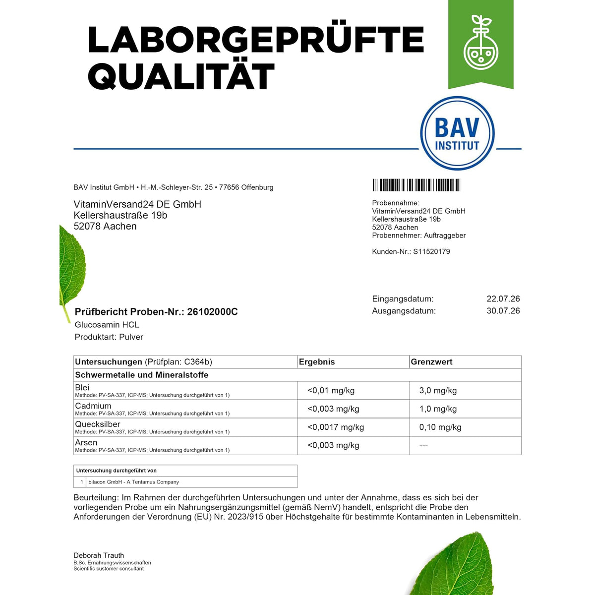 Vit4ever Glucosamin HCL Pulver 1500 mg 1 kg – Produktdetail des Etiketts
