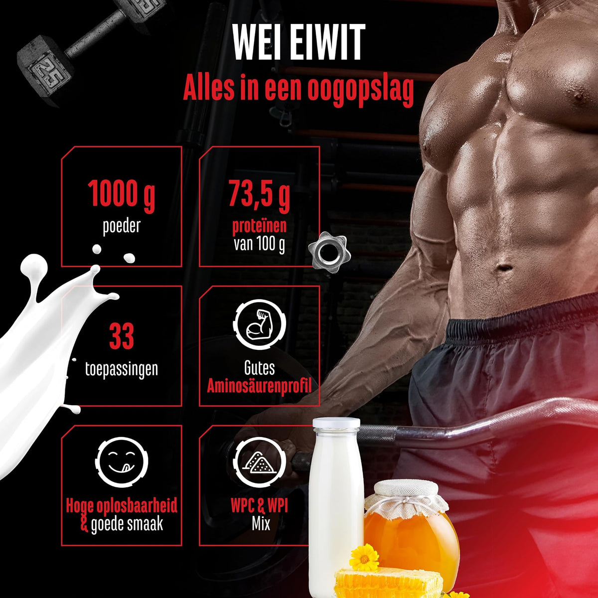 GEN Whey Protein Complex Melk met honing 1 kg - alles in een oogopslag: 1000 g, 73,5 g eiwit per 100 g, 33 porties
