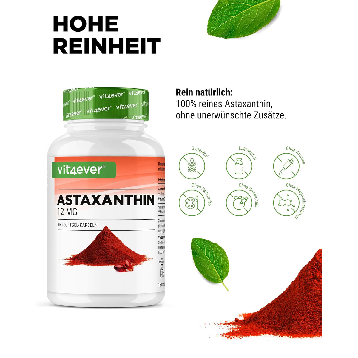 Vit4ever Astaxanthin 12mg 150 Softgels – Nährwerte und Zutaten auf der Verpackung