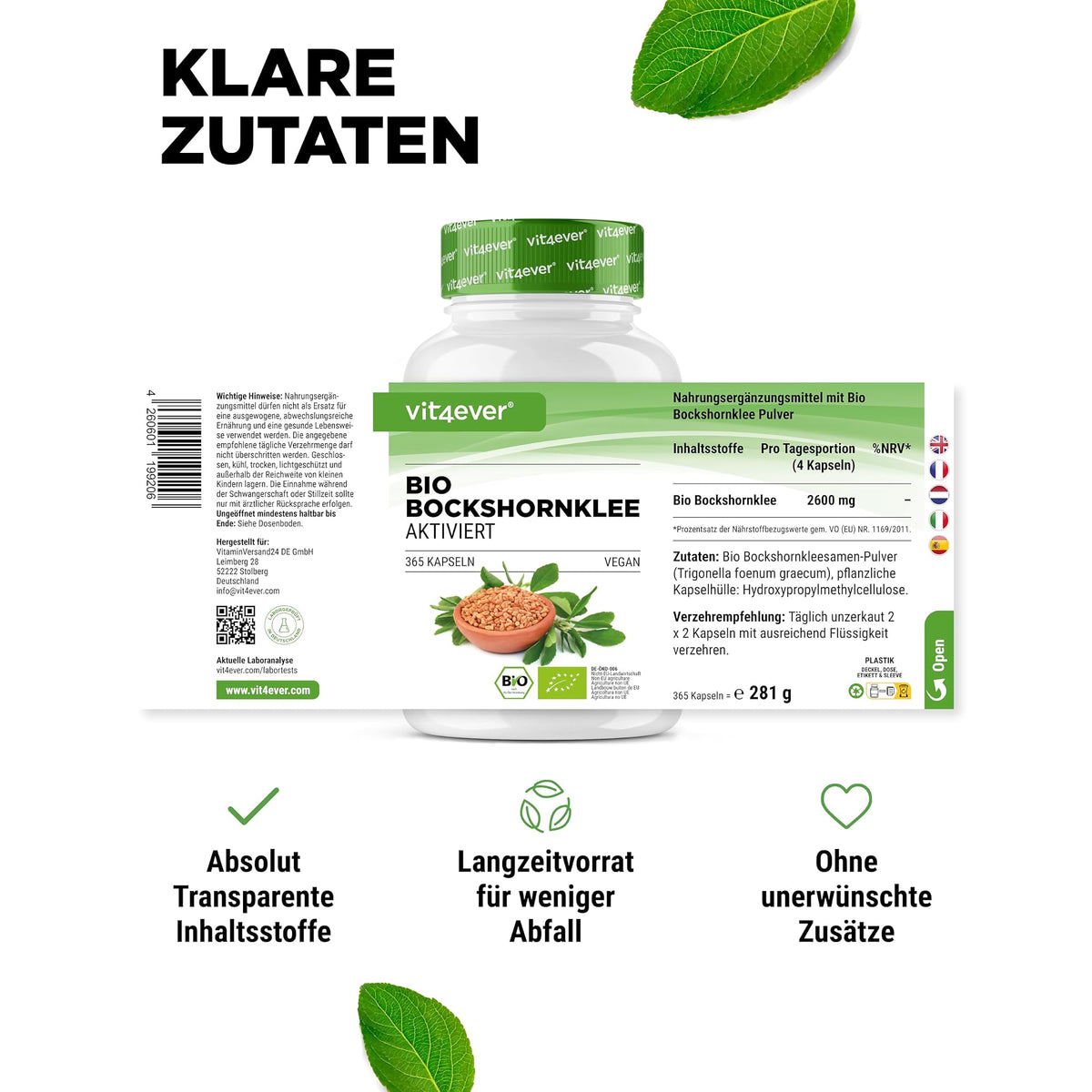 Vit4ever Bio Bockshornklee 2600 mg 365 Kapseln – empfohlene Anwendung und Einnahme
