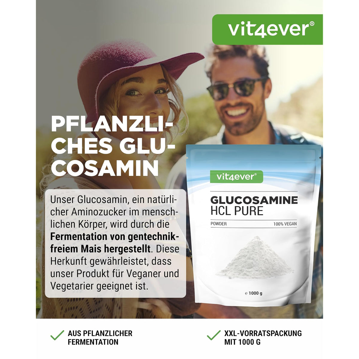 Vit4ever Glucosamin HCL Pulver 1500 mg 1 kg – Etikett mit Inhaltsstoffen und Dosierung